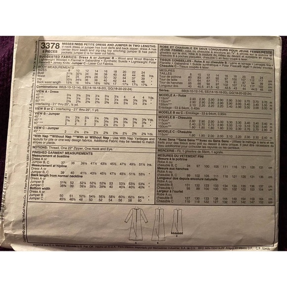 McCalls Sewing pattern3378v neck  dress jumper sz 18 20 22 24 - Picture 3 of 6